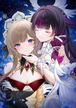 2girls absurdres bare_shoulders blue_eyes breasts cleavage closed_eyes closed_mouth columbina_(genshin_impact) commentary_request crossed_arms eye_mask fingernails genshin_impact gloves gradient_hair hair_ornament hand_on_another's_chin headdress highres light_blush mask medium_breasts multicolored_hair multiple_girls purple_hair sandrone_(genshin_impact) smile squiggle white_gloves wing_hair_ornament yukineko1018