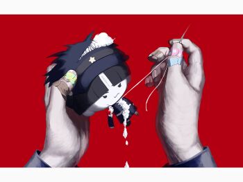Rule 34 | 1boy, bandaid, bandaid on finger, bandaid on hand, broken toy, character doll, commentary request, doll, hand focus, highres, holding, holding doll, holding sewing needle, long sleeves, male focus, maruko gaku, needle, nomochi (cab8d9), red background, sewing, sewing needle, solo, stuffed toy, stuffing, the hundred line -last defense academy-