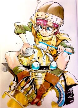 1boy 1girl ahn_dongshik blue_eyes chrono_trigger closed_mouth full_body glasses glasses_day hat helmet highres lucca_ashtear non-humanoid_robot purple_hair revision robo_(chrono_trigger) robot scrubber short_hair simple_background sketch smile tawashi_(brush) white_background