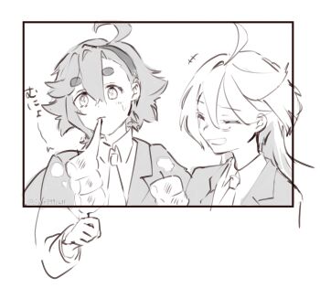 Rule 34 | 2girls, ahoge, blush, closed eyes, collared shirt, commentary request, greyscale, grin, gundam, gundam suisei no majo, hairband, highres, jacket, jappo, long hair, miorine rembran, monochrome, multiple girls, necktie, roasted marshmallow, school uniform, shirt, smile, suletta mercury, sweatdrop, thick eyebrows, twitter username, upper body