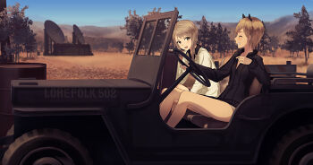 2girls black_jacket black_shirt brown_hair collared_shirt driving grin jacket long_sleeves military_jeep motor_vehicle multiple_girls open_mouth original outdoors savannah shirt short_hair sitting smile sweater twitter_username white_sweater yukitake_(bullfalk)