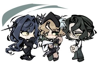 1boy 2girls arcana_(reverse:1999) ascot black_dress black_flower black_gloves black_hair black_hat black_pants black_rose black_shoes black_vest blonde_hair blue_hair bouquet chibi clothing_cutout commentary_request dress druvis_iii flower forget_me_not_(reverse:1999) glasses gloves green_eyes hat highres hip_vent holding holding_bouquet interlocked_fingers korean_commentary long_dress long_hair mistletoe multiple_girls neck_flower own_hands_together pants reverse:1999 rose shirt shoes short_hair standing unhyang very_long_hair vest wand_in_head white_ascot white_background white_shirt yellow_eyes