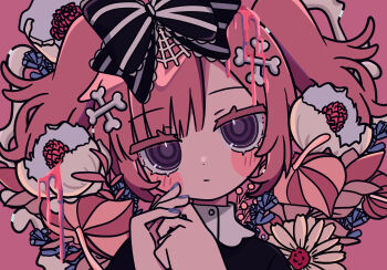 Rule 34 | 1girl, black bow, bone hair ornament, bow, closed mouth, commentary request, flower, goth fashion, hair bow, hair ornament, hands up, highres, looking at viewer, original, own hands together, pink hair, portrait, purple eyes, solo, spider web hair ornament, striped bow, teira (ooxoo), twintails