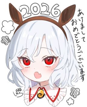 1girl 2026 absurdres animal_ear_hairband animal_ears blush brown_hairband chinese_zodiac collared_shirt commentary_request fake_animal_ears fang frilled_shirt_collar frills grey_hair hairband happy_new_year highres homura_(homura_me) horse_ears medium_hair new_year open_mouth portrait red_eyes remilia_scarlet shirt signature skin_fang solo touhou translation_request year_of_the_horse