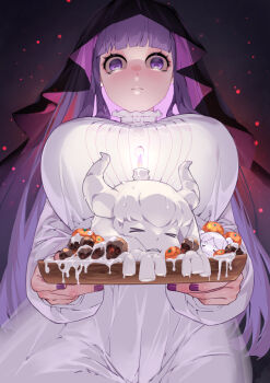 Rule 34 | 1girl, 2others, :3, ashes, aura (sousou no frieren), aura bullying (meme), breasts, candle, chocolate, closed eyes, fern (sousou no frieren), frieren, halloween, highres, horns, huge breasts, looking down, multiple others, pumkin, purple eyes, purple hair, sculpture, serious, skull, sousou no frieren, sumisumii, veil, white chocolate