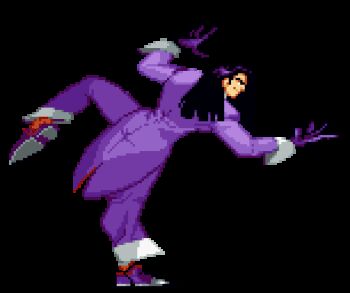 animated animated_gif black_hair fighting_stance gloves idle_animation leg_up long_hair lowres martial_masters pixel_art purple_gloves purple_suit scorpion_(martial_masters) suit tailcoat