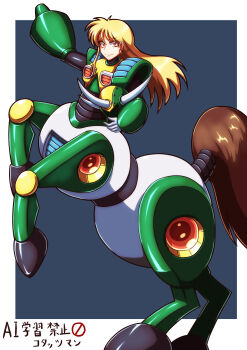Rule 34 | 1girl, absurdres, android, arm cannon, arm up, armor, black background, blonde hair, border, centaur, centaur man, closed mouth, commentary request, earrings, fake horns, full body, genderswap, genderswap (mtf), gloves, green armor, green helmet, hair between eyes, helmet, highres, holding, holding unworn helmet, hooves, horned helmet, horns, horse tail, jewelry, kotatuman dash, long hair, looking at viewer, mega man (classic), mega man (series), mega man 6, multiple legs, rearing, red eyes, sidelocks, simple background, smile, solo, standing, tail, taur, unworn headwear, unworn helmet, weapon, white border, white gloves