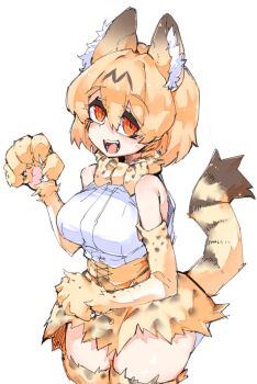 100maru 1girl animal_ears animal_hands animal_print bare_shoulders blonde_hair bow bowtie breasts cat_ears cat_girl cat_tail commentary_request elbow_gloves gloves hair_between_eyes hand_up highres kemono_friends looking_at_viewer open_mouth orange_eyes paw_gloves print_bow print_bowtie serval_(kemono_friends) shirt short_hair simple_background sleeveless sleeveless_shirt solo standing tail teeth thighhighs thighs white_background white_shirt