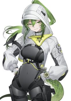 1girl absurdres arknights arknights:_endfield black_bodysuit bodysuit breasts commentary covered_navel cowboy_shot english_commentary fluorite_(arknights) gloves green_eyes green_hair hands_on_own_hips highres hood hood_up hooded_shrug looking_at_viewer medium_breasts paszuto ponytail shrug_(clothing) simple_background skin_tight smirk snake_girl snake_tail solo tail tight_clothes white_background white_gloves white_shrug