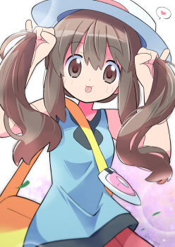 1girl bag blue_shirt breasts brown_eyes brown_hair closed_mouth commentary_request cowboy_shot hair_between_eyes hands_up hat heart highres holding holding_own_hair leaf_(pokemon) long_hair looking_at_viewer nintendo pokemon pokemon_frlg rascal_(feuille) red_skirt shirt shoulder_bag sidelocks skirt sleeveless sleeveless_shirt small_breasts smile solo spoken_heart standing tongue tongue_out twintails white_hat yellow_bag