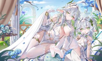 2girls absurdres ahoge alternate_breast_size_(larger) bare_shoulders blue_flower blush bracelet braid breasts chinese_commentary cleavage closed_mouth clothing_cutout collarbone commentary_request day dendro_slime_(genshin_impact) dress elbow_gloves flower garter_straps genshin_impact gloves gradient_hair green_eyes green_hair hair_between_eyes hair_flower hair_ornament hand_up highres jewelry jndfh large_breasts leaf_hair_ornament long_hair looking_at_viewer multicolored_hair multiple_girls nahida_(genshin_impact) navel navel_cutout open_mouth pelvic_curtain pointy_ears rukkhadevata_(genshin_impact) side_ponytail sitting slime_(genshin_impact) small_breasts smile symbol-shaped_pupils table thighhighs thighlet very_long_hair white_dress white_garter_straps white_gloves white_hair white_thighhighs