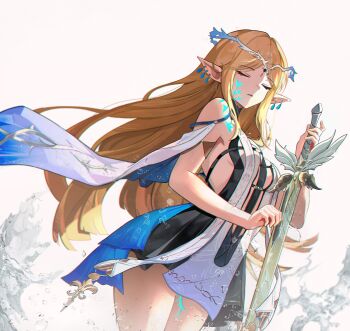 Rule 34 | 1girl, absurdres, bare shoulders, black dress, blonde hair, body markings, breasts, cartethyia (wuthering waves), closed eyes, commentary, cowboy shot, crown of thorns, dress, earrings, english commentary, highres, holding, holding sword, holding weapon, jewelry, long hair, medium breasts, nervi fd, parted lips, pointy ears, sidelocks, solo, sword, tabard, tacet mark (wuthering waves), very long hair, weapon, white tabard, wuthering waves