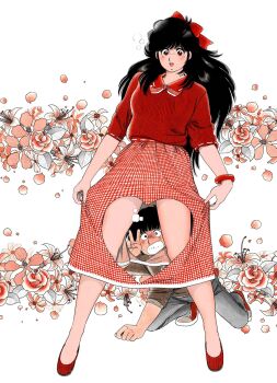 Rule 34 | 1boy, 1girl, all fours, aoba shunsuke, asaoka natsumi, black eyes, black hair, black pants, blush, bow, bracelet, brown sweater, clenched teeth, clothing cutout, collared sweater, commentary request, floral background, flower, hair bow, hand up, heart cutout, highres, jewelry, legs apart, long hair, looking at viewer, looking down, miura mitsuru, official art, open mouth, pants, red bow, red eyes, red flower, red shoes, red skirt, red sweater, red theme, shoes, short hair, skirt, skirt cutout, skirt hold, smile, sneakers, solo, standing, sweater, teeth, the kabocha wine, thighs, v