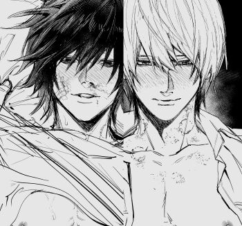 2boys bags_under_eyes bite_mark bite_mark_on_neck blush closed_mouth commentary death_note gauze gauze_on_cheek greyscale hair_between_eyes highres l_(death_note) looking_at_another male_focus monochrome multiple_boys nipples nude on_bed ruttika_shin short_hair yagami_light yaoi