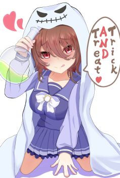 1girl absurdres agnes_tachyon_(umamusume) animal_ears blush bow bowtie breasts brown_hair closed_mouth commentary english_commentary english_text flask ghost_costume hair_between_eyes halloween halloween_costume heart highres holding holding_flask horse_ears horse_girl large_breasts long_sleeves looking_at_viewer medium_hair penis purple_sailor_collar purple_serafuku purple_shirt purple_skirt red_eyes round-bottom_flask sailor_collar sailor_shirt school_uniform serafuku setsuzan_uma sheet_ghost shirt skirt smile solo speech_bubble tongue tongue_out tracen_school_uniform umamusume white_background white_bow white_bowtie