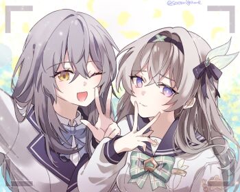 2girls aqua_bow aqua_bowtie black_hair blazer blue_bow blue_bowtie blue_pupils blurry blurry_background bow bowtie closed_mouth collared_shirt commentary_request contrast_collar firefly_(honkai:_star_rail) firefly_(spring_missive)_(honkai:_star_rail) graphia_academy_school_uniform grey_hair grey_sailor_collar hair_between_eyes honkai:_star_rail honkai_(series) jacket long_hair long_sleeves looking_at_viewer multiple_girls official_alternate_costume one_eye_closed open_mouth portrait purple_eyes reaching reaching_towards_viewer sailor_collar satorigame school_uniform selfie serafuku shirt smile stelle_(honkai:_star_rail) trailblazer_(honkai:_star_rail) twitter_username v viewfinder white_jacket white_shirt yellow_eyes