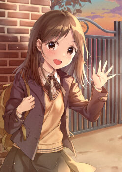 Rule 34 | 1girl, backpack, bag, blazer, brick wall, brown hair, collared shirt, commentary request, gate, holding strap, jacket, light particles, long hair, long sleeves, neck ribbon, open clothes, open jacket, open mouth, original, outdoors, ribbon, school gateway, school uniform, shirt, skirt, smile, solo, sunset, sweater, unya (unya-unya), waving