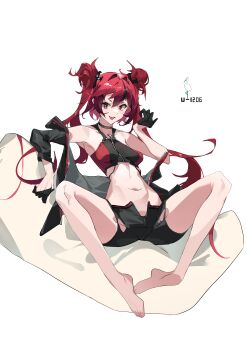 1girl absurdres armpits azur_lane bare_shoulders barefoot black_gloves black_hair black_shorts breasts character_name double_bun gloves h2yper hair_bun highres multicolored_hair navel red_eyes red_hair shorts simple_background sitting small_breasts solo spread_legs stomach toes twintails u-1206_(azur_lane) white_background
