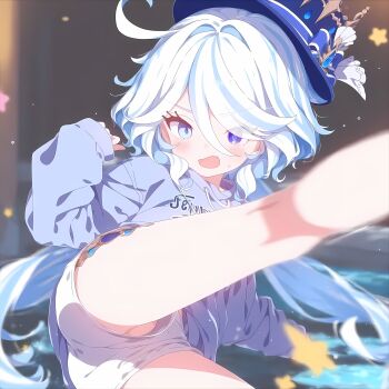 1girl absurdres aged_down ahoge blue_hoodie drop-shaped_pupils furina_(genshin_impact) genshin_impact heterochromia highres hood hoodie loli long_hair multicolored_hair shorts solo symbol-shaped_pupils tagme tenniku white_shorts