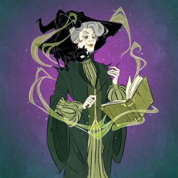 1girl book closed_mouth commentary cowboy_shot dreadart dress english_commentary floating floating_book floating_object green_dress grey_hair hair_bun harry_potter_(series) hat holding holding_wand magic minerva_mcgonagall old old_woman smile wand wide_sleeves witch_hat wizarding_world