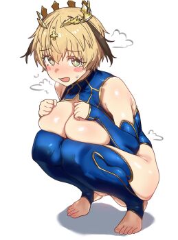 1girl absurdres alternate_breast_size_(larger) artoria_pendragon_(fate) artoria_pendragon_(lancer)_(fate) artoria_pendragon_(lancer)_(fate)_(cosplay) blonde_hair blue_sleeves blue_thighhighs blush blush_stickers breasts commentary cosplay crown detached_sleeves ebora embarrassed english_commentary fate/grand_order fate_(series) feet full_body gareth_(fate) green_eyes hair_between_eyes hair_flaps highres huge_breasts looking_at_viewer multicolored_hair no_shoes short_hair solo squatting stirrup_legwear thighhighs toeless_legwear toenails toes two-tone_hair white_background