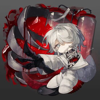 1girl blood blue_eyes coat e.g.o_(project_moon) faust_(project_moon) full_body grey_background highres limbus_company looking_at_viewer mask one_eye_covered oxygen_tank penniky0119 project_moon respirator short_hair simple_background skeleton_print solo thoracalgia_(e.g.o) white_coat white_hair