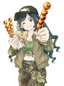 belt belt_buckle black_hat blue_hair blush breasts brown_eyes buckle camouflage camouflage_jacket camouflage_pants cargo_pants chewing crop_top curly_hair dango eating food green_belt green_shirt hat head_tilt holding holding_food jacket japanon kraken_(japanon) kraken_regiment lips long_hair looking_at_viewer medium_breasts midriff military military_hat military_uniform navel offering_hand one_eye_closed open_clothes open_jacket original pants reaching reaching_towards_viewer red_lips shirt squid taiyaki very_long_hair wagashi
