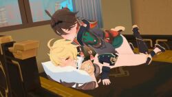 3boys 3d aether_(genshin_impact) ahoge anal animated blonde_hair blush boots bottomless brown_hair cum cum_in_ass ejaculation fingerless_gloves gaming_(genshin_impact) genshin_impact gloves indoors knee_boots looping_animation lying male_focus maverickxhr multiple_boys on_bed on_stomach open_mouth penis pillow pillow_grab prone_bone sex sex_from_behind video watching window xiao_(genshin_impact) yaoi