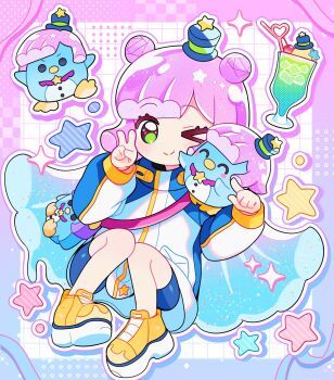 &gt;_o 1girl ;) bendy_straw blue_hair blue_hat blue_shorts blunt_bangs blush border closed_mouth commentary_request cup double_bun drinking_glass drinking_straw full_body green_eyes grid_background hair_bun hat highres long_hair long_sleeves looking_at_viewer melon_soda mini_hat monster_girl multicolored_hair one_eye_closed outline outside_border pink_border pink_hair puniru_(puniru_wa_kawaii_slime) puniru_wa_kawaii_slime shirocha_tei shirt shoes shorts slime_girl smile solo star_(symbol) top_hat two-tone_hair very_long_hair white_background white_outline white_shirt yellow_shoes