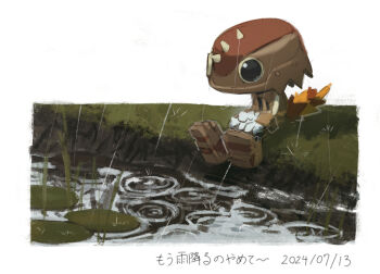 Rule 34 | 1girl, covered face, gloves, helmet, lily pad, nanashi nasi, obscured, on grass, on ground, outdoors, rain, reptile girl, ripples, river, riverbank, sitting, solo, sonic (series), sonic the hedgehog (classic), spiked helmet, spikes, tail, tinted eyewear, trip the sungazer, water, white gloves