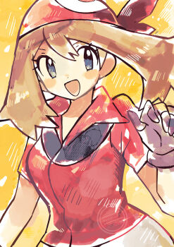 Rule 34 | 1girl, anidler91, bandana, bike shorts, brown hair, close-up, collar, commentary request, gloves, grey eyes, hand up, highres, looking at viewer, may (pokemon), medium hair, nintendo, open mouth, painting (medium), pokemon, pokemon rse, red bandana, red shirt, shirt, simple background, sketch, smile, solo, traditional media, upper body, watercolor (medium), yellow background