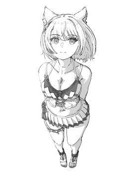 1girl animal_ear_fluff animal_ears arms_behind_back breasts cat_ears cat_girl chin_bell cleavage closed_mouth collarbone commentary_request full_body greyscale highres medium_breasts mio_(xenoblade) monochrome official_alternate_costume simple_background smile solo standing toes white_background xenoblade_chronicles_(series) xenoblade_chronicles_3