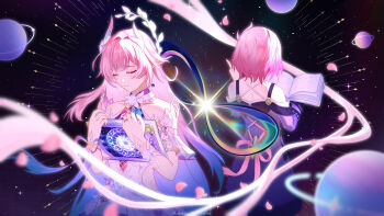 2girls absurdres amphoreus_(honkai:_star_rail) aqua_hair as_i've_written_(honkai:_star_rail) bare_shoulders book closed_eyes coat commentary cyrene_(demiurge)_(honkai:_star_rail) cyrene_(honkai:_star_rail) cyrene_(philia093)_(honkai:_star_rail) dress dual_persona earrings english_commentary highres holding holding_book honkai:_star_rail honkai_(series) jewelry long_hair mobius_strip multiple_girls pink_hair planetary_ring pointy_ears purple_coat ricochet_(pixiv_56674276) short_hair space star_(sky) very_long_hair white_dress