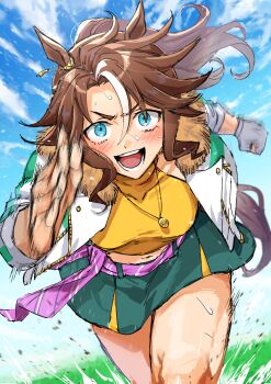 1girl animal_ears arm_behind_back arm_up blue_eyes blue_sky breasts brown_hair clenched_hands commentary_request cropped_jacket day fuchina gloves green_skirt hair_between_eyes highres horse_ears horse_girl horse_tail jacket long_hair long_sleeves looking_at_viewer mejiro_palmer_(line_breakthrough)_(umamusume) mejiro_palmer_(umamusume) motion_lines multicolored_hair open_clothes open_jacket open_mouth outdoors ponytail running single_glove skirt sky smile solo streaked_hair tail umamusume white_gloves white_hair white_jacket