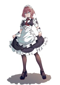 1girl apron black_dress black_shoes blue_eyes breasts brown_hair brown_pantyhose collared_shirt commentary dress english_commentary frilled_apron frilled_dress frills full_body hair_between_eyes high_heels highres honkai_(series) honkai_impact_3rd kimi_craze lantern_(at_your_service)_(honkai_impact) lantern_(honkai_impact) maid maid_apron maid_headdress pantyhose puffy_short_sleeves puffy_sleeves shadow shirt shoes short_sleeves simple_background small_breasts solo standing white_apron white_background white_shirt