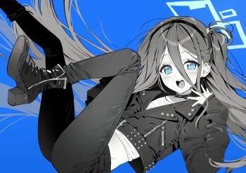 1girl absurdly_long_hair absurdres aqua_halo aris_(blue_archive) black_hair black_hairband blue_archive blue_background blue_eyes earrings hair_between_eyes hairband halo highres jacket jewelry leather leather_jacket limited_palette long_hair long_hair_between_eyes long_sleeves looking_at_viewer nail_polish one_side_up open_mouth pants rectangular_halo ringed_eyes shirt simple_background sleeves_past_wrists solo studded_choker tanghulu_(bbbb1123112) teeth upper_teeth_only very_long_hair