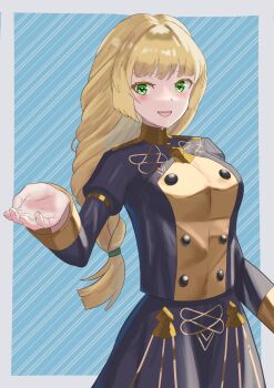 Rule 34 | 1girl, blonde hair, blush, braid, braided ponytail, breasts, fire emblem, fire emblem: three houses, garreg mach monastery uniform, green eyes, highres, ingrid brandl galatea, long hair, long sleeves, looking at viewer, medium breasts, nintendo, open mouth, outstretched arm, simple background, smile, solo, tarutaru193, upper body