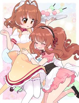 Rule 34 | absurdres, antenna hair, apron, artist request, asahina mikuru, brown eyes, brown hair, clannad, crying, dango, dango daikazoku, food, furukawa nagisa, highres, kyoto animation, maid, maid apron, maid headdress, non-web source, suzumiya haruhi no yuuutsu, wagashi