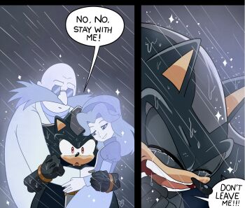 1girl 2boys batman batman_(cosplay) batman_(series) cosplay crying dc_comics domestic_maid gerald_robotnik ghost highres hug maria_robotnik multiple_boys parody sega shadow_the_hedgehog smile sonic_(series) superhero_costume warner_bros.