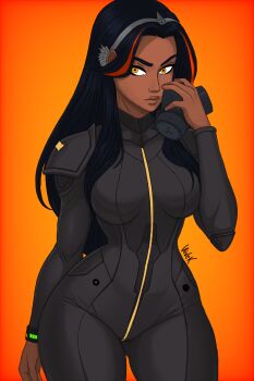 1girl black_bodysuit black_hair bodysuit bracelet breasts cowboy_shot curvy dark_skin doll_(kevio_nivek) elbow_pads energy highres jewelry lips long_hair looking_at_viewer mask mecha_pilot_suit medium_breasts mouth_mask multicolored_hair narrow_waist neon_trim non-web_source orange_background orange_eyes original parted_hair plugsuit self-upload shoulder_pads signature simple_background solo standing streaked_hair thick_lips tiara two-tone_hair unworn_mask very_dark_skin wide_hips