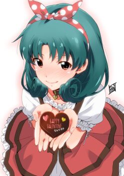 1girl blush brown_eyes candy chocolate chocolate_heart closed_mouth commentary_request dress fingernails food green_hair happy_valentine heart heart-shaped_food heart_collar highres holding holding_chocolate holding_food idolmaster idolmaster_million_live! incoming_food looking_at_viewer polka_dot_hairband ponpon red_dress short_sleeves smile solo tokugawa_matsuri valentine