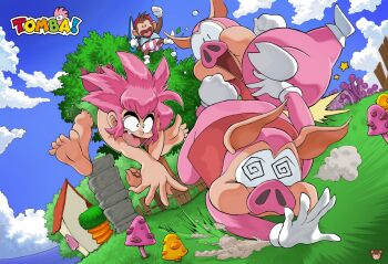 1boy @_@ absurdres blue_sky character_name cloud commentary english_commentary fang feet highres long_hair monkey mushroom open_mouth pig pink_hair sky soles star_(symbol) system_st91 tomba tomba! umbrella