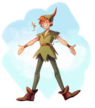 1boy black_footwear boots brown_eyes brown_hair bug fairy feathers fly fly_agaric green_hat green_shirt green_tunic hat hat_feather highres inker_bell_(novel_character) insect leaf moon mushroom peter_pan_(novel) pointy_ears red_feathers shirt short_hair size_difference tinker_bell_(disney) toon_(style) tunic walt_disney&#039;s_peter_pan watermark
