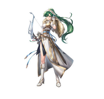 Rule 34 | 1girl, absurdres, armor, arrow (projectile), blush, boots, bow (weapon), breasts, cape, closed mouth, commentary request, dress, earrings, fire emblem, fire emblem: the blazing blade, fire emblem heroes, fur-trimmed cape, fur cape, fur trim, gloves, green eyes, green hair, high ponytail, highres, holding, holding bow (weapon), holding weapon, jewelry, long hair, looking at viewer, lyn (fire emblem), lyn (lady of the wind) (resplendent) (fire emblem), nintendo, official alternate costume, official art, ponytail, quiver, scabbard, second-party source, sheath, side slit, smile, solo, sword, umiu geso, weapon, white boots, white dress, white gloves