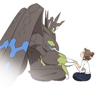 1girl blue_pants brown_hair closed_mouth from_side gen_6_pokemon hair_bun harmony_(pokemon) highres holding_hands legendary_pokemon looking_at_another nintendo no_headwear no_jacket pants pokemon pokemon_(creature) pokemon_legends:_z-a shirt simple_background single_hair_bun sitting smile white_background white_shirt wulie_errr zygarde zygarde_(complete)