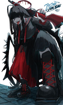 Rule 34 | 1girl, absurdres, ahoge, black boots, black hair, black nails, black skirt, blood, blood halo, blue archive, boots, breasts, commentary request, fangs, from below, gun, halo, highres, holding, holding gun, holding weapon, large breasts, liquid halo, long hair, long skirt, long sleeves, looking at viewer, low wings, nail polish, open mouth, over shoulder, red eyes, red halo, red ribbon, ribbon, school uniform, shotgun, simple background, skirt, solo, teeth, tongue, tongue out, tsurugi (blue archive), weapon, weapon over shoulder, winchester model 1887, wings, yuindesu