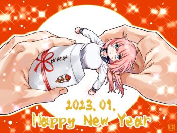 2023 black_sailor_collar blue_eyes breasts commentary_request happy_new_year hogerarara holding holding_mini_person large_breasts long_hair long_sleeves michinoku_komaro mini_person minigirl new_year parted_lips pink_hair red_background sailor_collar school_uniform seitokai_ni_mo_ana_wa_aru! serafuku shirt small_sweatdrop solo_focus sparkle white_shirt