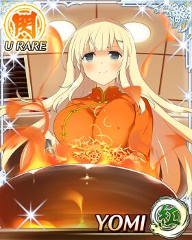1girl aqua_eyes blonde_hair border breasts chinese_clothes closed_mouth cooking covered_erect_nipples fire game_cg hair_ornament hairclip indoors large_breasts long_hair non-web_source official_alternate_costume official_art senran_kagura senran_kagura_new_wave smile solo stove sweat wok yomi_(senran_kagura)