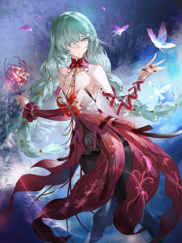 Rule 34 | 1girl, absurdres, bandage over one eye, bandaged arm, bandages, bare shoulders, black pantyhose, black skirt, braid, bug, butterfly, closed mouth, collarbone, commentary request, dress, earrings, flower, grey eyes, grey hair, halter dress, halterneck, highres, holding, holding flower, insect, jewelry, looking to the side, low twin braids, maze (sherlock5230), nail polish, pantyhose, partial commentary, phrolova (wuthering waves), purple butterfly, red dress, red nails, skirt, solo, spider lily, standing, tacet mark (wuthering waves), turning head, twin braids, wuthering waves