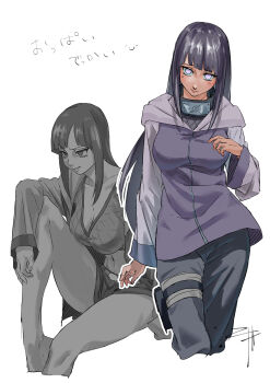 2girls absurdres bandana bandana_around_neck black_hair blunt_bangs breasts cleavage crop_top dual_persona end111bne fishnet_top fishnets forehead_protector highres hood hooded_jacket hyuuga_hinata jacket konohagakure_symbol large_breasts long_hair midriff multiple_girls naruto_(series) naruto_shippuuden open_clothes open_jacket purple_eyes purple_jacket road_to_ninja:_naruto_the_movie sitting standing